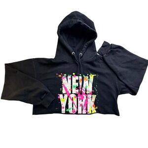 SUN TEES Black Crop Hoodie New York Paint Splat Raw Hem Graphic Sweatshirt LG